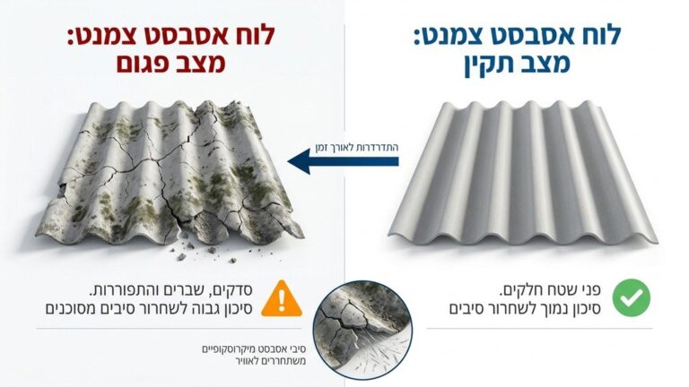 לוחות אסבסט גליים ישנים ומתפוררים על גג מבנה תעשייתי