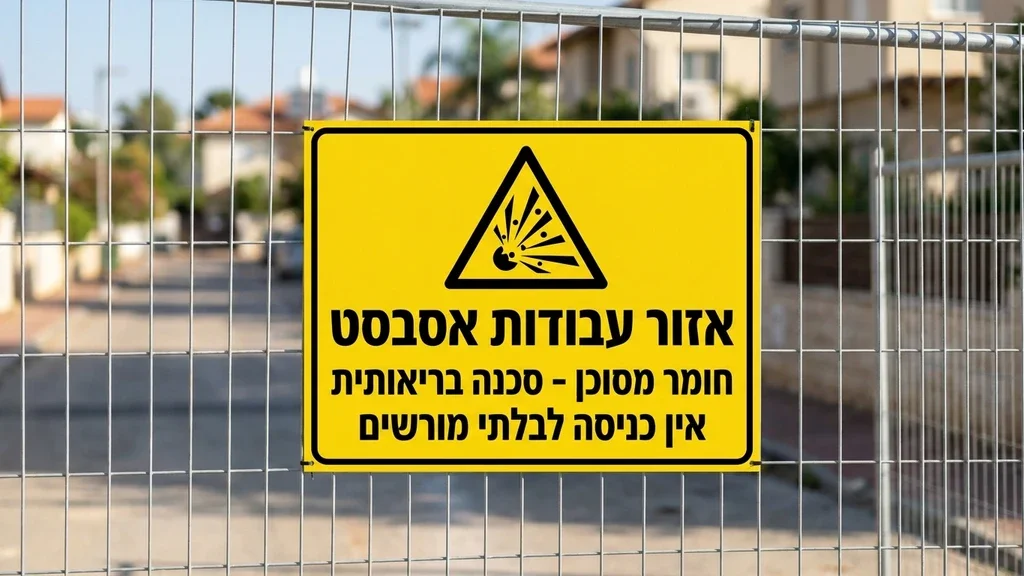 נוצר על ידי מודל בינה מלאכותית Gemini Pro שלט אזהרה תקני המותקן על גדר באזור עבודות פינוי חומרים מסוכנים