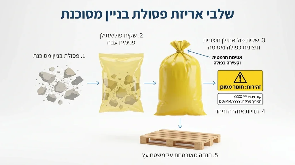 נוצר על ידי מודל בינה מלאכותית Gemini Pro פסולת ארוזה ביריעות פוליאתילן עבות עם שילוט אזהרה