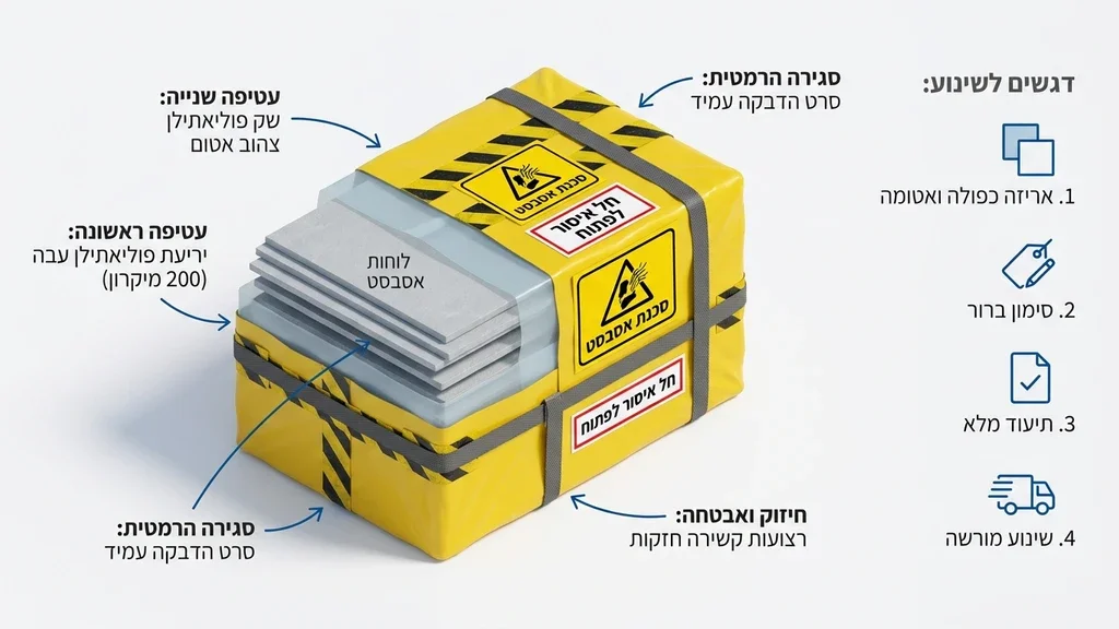 נוצר על ידי מודל בינה מלאכותית Gemini Pro צוות היחידה לפינוי אסבסט מבצע אריזה תקנית של לוחות