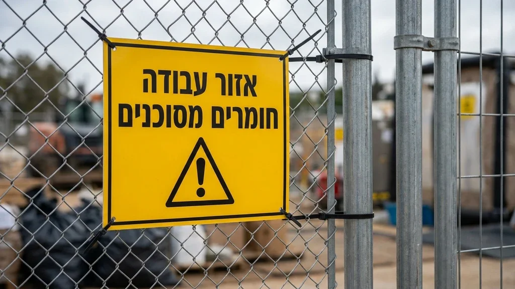 נוצר על ידי מודל בינה מלאכותית Gemini Pro שלט אזהרה תקני באזור עבודה של חומרים מסוכנים