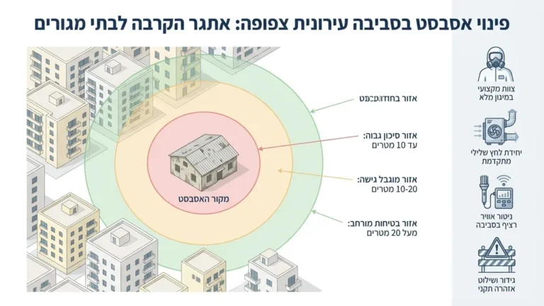 צוות מקצועי של היחידה לפינוי אסבסט מבצע בדיקת גג ישן בסביבה עירונית