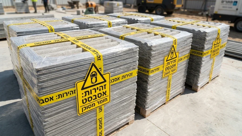 נוצר על ידי מודל בינה מלאכותית Gemini Pro לוחות אסבסט ארוזים ביריעות פוליאתילן עבות ומוכנים לשינוע בטוח