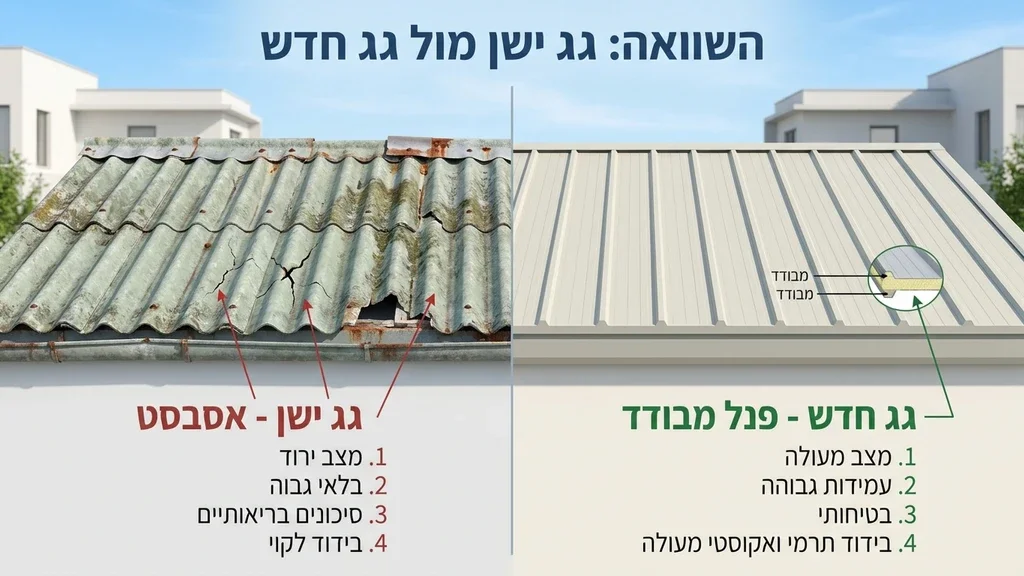 נוצר על ידי מודל בינה מלאכותית Gemini Pro השוואת מבנה לפני ואחרי הסרת גג ישן והתקנת גג חדש