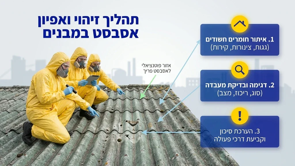 נוצר על ידי מודל בינה מלאכותית Gemini Pro צוות מקצועי של היחידה לפינוי אסבסט בודק גג ישן