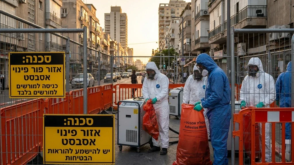 נוצר על ידי מודל בינה מלאכותית Gemini Pro פינוי אסבסט בסביבה עירונית צפופה